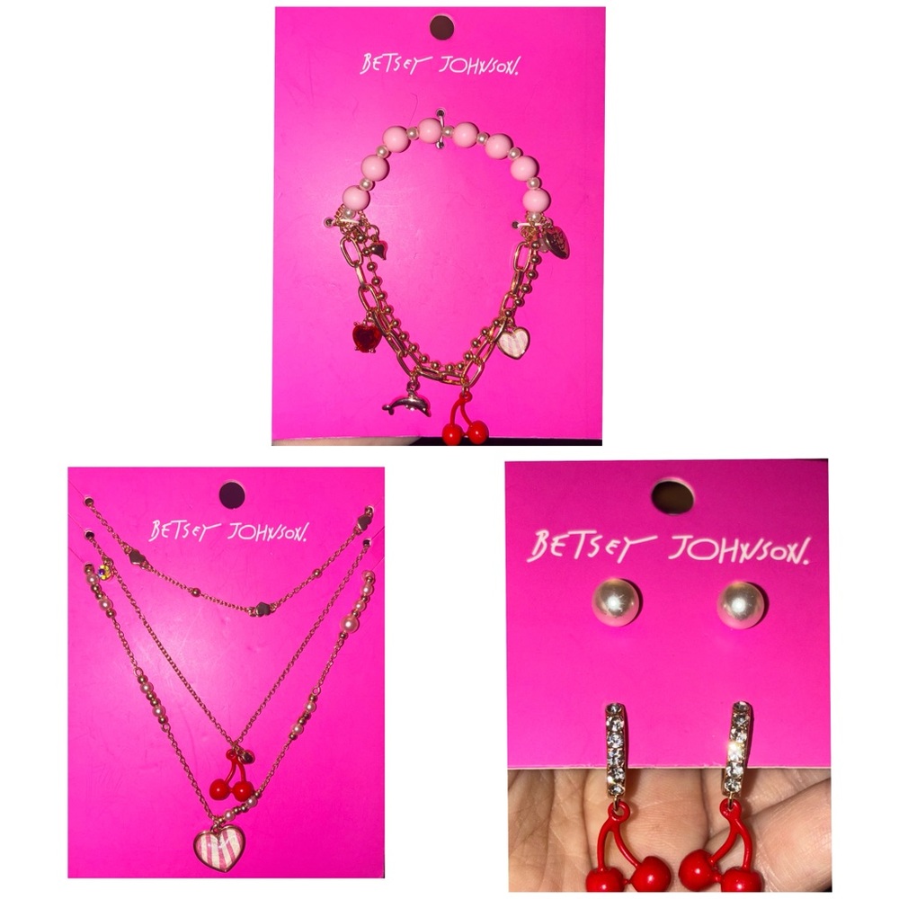 BETSEY JOHNSON SET Cherries & Striped Heart Necklace Earrings & Bracelet NEW NWT
